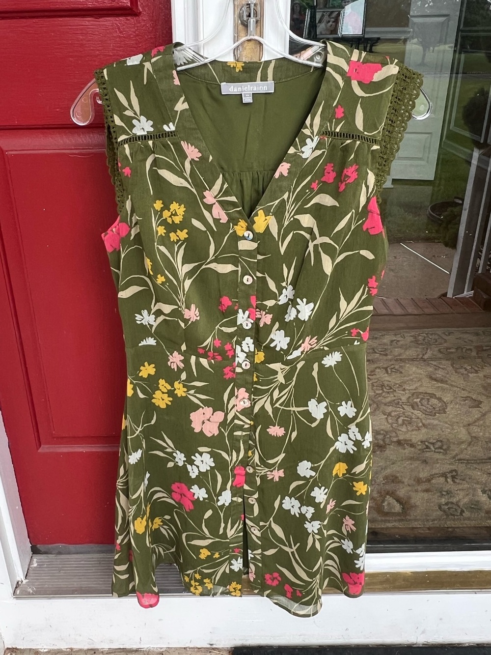 Daniel Rainn Olive Green Floral Sleeveless Button-Down Mini Dress